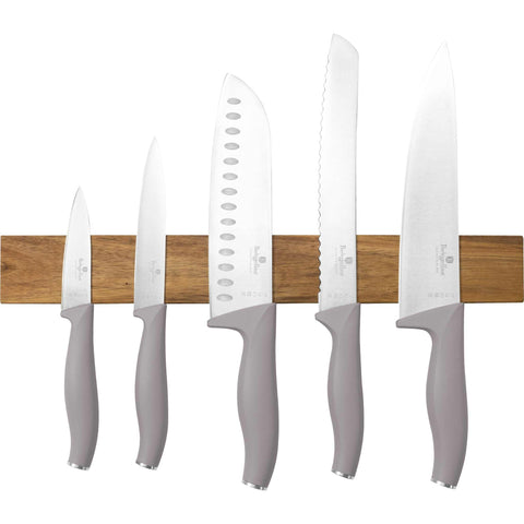  BH/2946, juego de cuchillos de 6 piezas con colgador magnético de madera de acacia, color topo mate, juego de cuchillos de 6 piezas con colgador de madera de acacia, juego de cuchillos, cuchillos, cuchillo, colgador de madera de acacia, colgante, cuchillos y artículos de corte