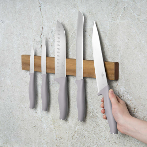  BH/2946, juego de cuchillos de 6 piezas con colgador magnético de madera de acacia, color topo mate, juego de cuchillos de 6 piezas con colgador de madera de acacia, juego de cuchillos, cuchillos, cuchillo, colgador de madera de acacia, colgante, cuchillos y artículos de corte