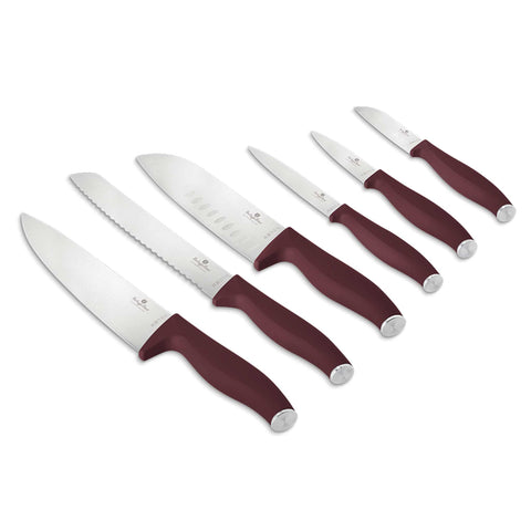 Product image of 6pcs knife set. Part of the Leonardo Collection . Features: • Material: stainless steel • Chef knife 20 cm • Bread knife 20 cm • Santoku knife 17,5 cm • Utility knife 12,5 cm • Paring knife 9 cm • Santoku kn.... (Studio view). Official Berlinger Haus product, boosted by Promintra sl.
