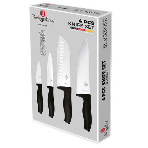 Product image of 4pcs knife set. Part of the Black Rose Collection . Features: • Material: stainless steel • Chef knife 20 cm • Santoku knife 17,5 cm • Utility knife 12,5 cm • Paring knife 9 cm • Color: black- rose gold REGIST.... (Studio view). Official Berlinger Haus product, boosted by Promintra sl.