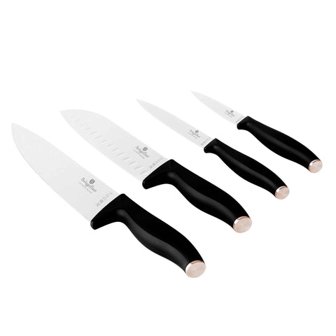 Product image of 4pcs knife set. Part of the Black Rose Collection . Features: • Material: stainless steel • Chef knife 20 cm • Santoku knife 17,5 cm • Utility knife 12,5 cm • Paring knife 9 cm • Color: black- rose gold REGIST.... (Studio view). Official Berlinger Haus product, boosted by Promintra sl.