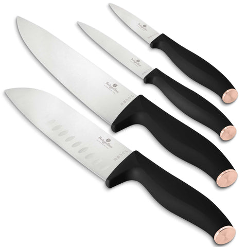 Product image of 4pcs knife set. Part of the Black Rose Collection . Features: • Material: stainless steel • Chef knife 20 cm • Santoku knife 17,5 cm • Utility knife 12,5 cm • Paring knife 9 cm • Color: black- rose gold REGIST.... (Studio view). Official Berlinger Haus product, boosted by Promintra sl.