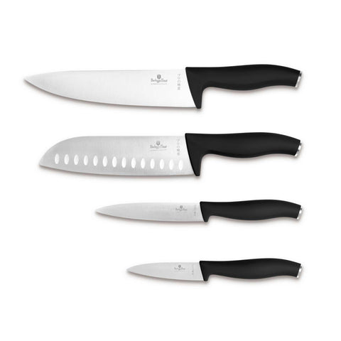 Product image of 4pcs knife set. Part of the Black Vantage Collection/Matte Black Collection/Black Silver Collection . Features: • Material: stainless steel • Chef knife 20 cm • Santoku knife 17,5 cm • Utility knife 12,5 cm • Paring knife 9 cm • Color: black- silver REGISTERE.... (Studio view). Official Berlinger Haus product, boosted by Promintra sl.