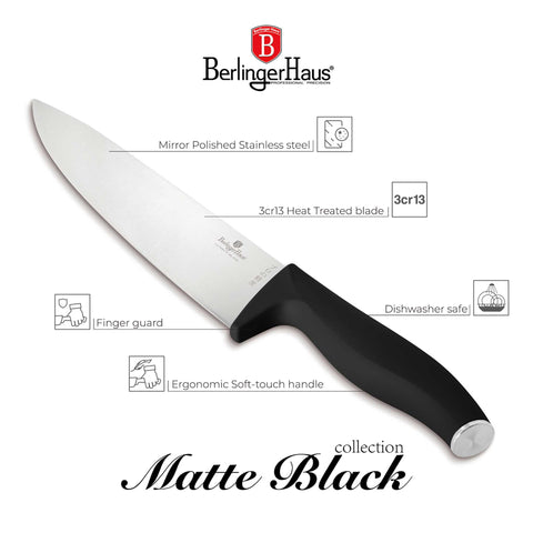 Product image of 4pcs knife set. Part of the Black Vantage Collection/Matte Black Collection/Black Silver Collection . Features: • Material: stainless steel • Chef knife 20 cm • Santoku knife 17,5 cm • Utility knife 12,5 cm • Paring knife 9 cm • Color: black- silver REGISTERE.... (Studio view). Official Berlinger Haus product, boosted by Promintra sl.