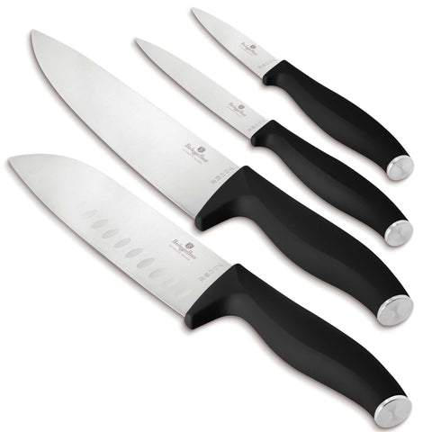 Product image of 4pcs knife set. Part of the Black Vantage Collection/Matte Black Collection/Black Silver Collection . Features: • Material: stainless steel • Chef knife 20 cm • Santoku knife 17,5 cm • Utility knife 12,5 cm • Paring knife 9 cm • Color: black- silver REGISTERE.... (Studio view). Official Berlinger Haus product, boosted by Promintra sl.