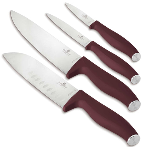 Product image of 4pcs knife set. Part of the Leonardo Collection . Features: • Material: stainless steel • Chef knife 20 cm • Santoku knife 17,5 cm • Utility knife 12,5 cm • Paring knife 9 cm • Color: matt bordeaux REGISTERE.... (Studio view). Official Berlinger Haus product, boosted by Promintra sl.
