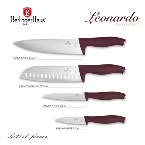 Product image of 4pcs knife set. Part of the Leonardo Collection . Features: • Material: stainless steel • Chef knife 20 cm • Santoku knife 17,5 cm • Utility knife 12,5 cm • Paring knife 9 cm • Color: matt bordeaux REGISTERE.... (Studio view). Official Berlinger Haus product, boosted by Promintra sl.