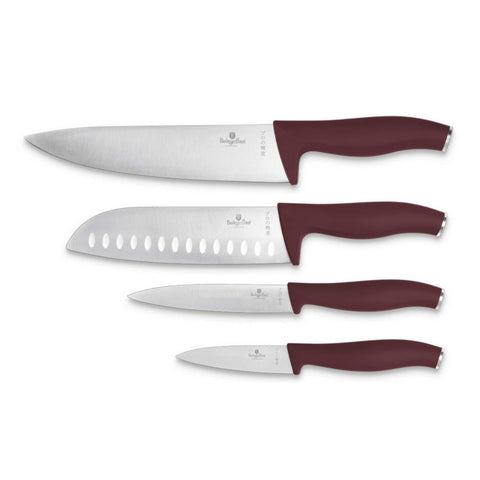 Product image of 4pcs knife set. Part of the Leonardo Collection . Features: • Material: stainless steel • Chef knife 20 cm • Santoku knife 17,5 cm • Utility knife 12,5 cm • Paring knife 9 cm • Color: matt bordeaux REGISTERE.... (Studio view). Official Berlinger Haus product, boosted by Promintra sl.