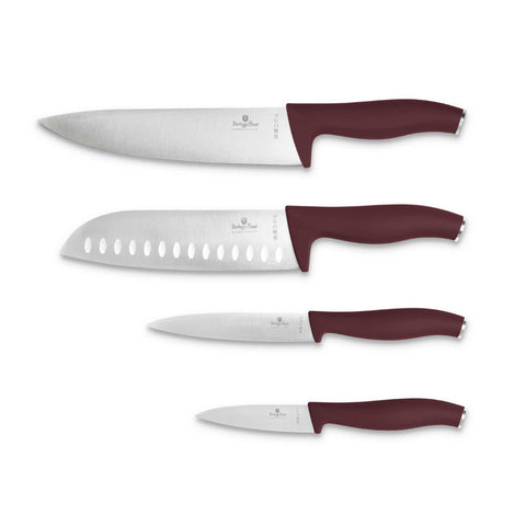 Product image of 4pcs knife set. Part of the Leonardo Collection . Features: • Material: stainless steel • Chef knife 20 cm • Santoku knife 17,5 cm • Utility knife 12,5 cm • Paring knife 9 cm • Color: matt bordeaux REGISTERE.... (Studio view). Official Berlinger Haus product, boosted by Promintra sl.