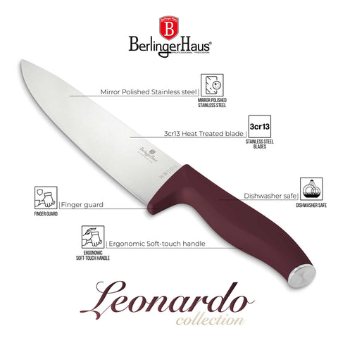 Product image of 4pcs knife set. Part of the Leonardo Collection . Features: • Material: stainless steel • Chef knife 20 cm • Santoku knife 17,5 cm • Utility knife 12,5 cm • Paring knife 9 cm • Color: matt bordeaux REGISTERE.... (Studio view). Official Berlinger Haus product, boosted by Promintra sl.