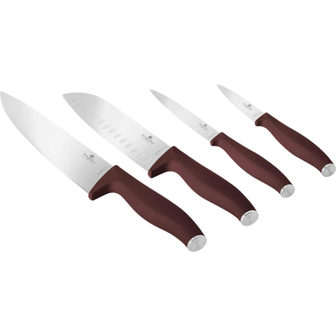 Product image of 4pcs knife set. Part of the Leonardo Collection . Features: • Material: stainless steel • Chef knife 20 cm • Santoku knife 17,5 cm • Utility knife 12,5 cm • Paring knife 9 cm • Color: matt bordeaux REGISTERE.... (Studio view). Official Berlinger Haus product, boosted by Promintra sl.