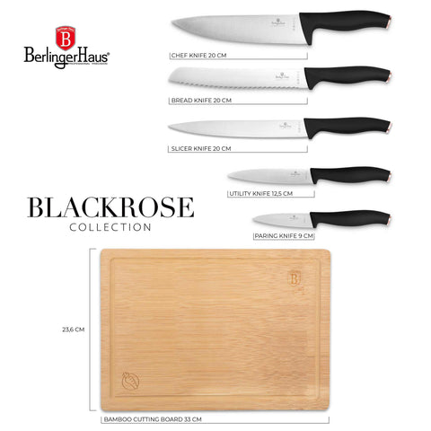  BH/2963, juego de cuchillos de 6 piezas con tabla de cortar de bambú, negro, oro rosa, juego de cuchillos de 6 piezas con tabla de cortar de bambú, juego de cuchillos, cuchillos, cuchillo, tabla de cortar, bambú, cuchillos y herramientas de corte