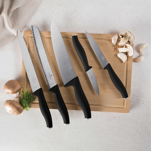  BH/2964, juego de cuchillos de 6 piezas con tabla de cortar de bambú, negro, plateado, juego de cuchillos de 6 piezas con tabla de cortar de bambú, juego de cuchillos, cuchillos, cuchillo, tabla de cortar, bambú, cuchillos y herramientas de corte