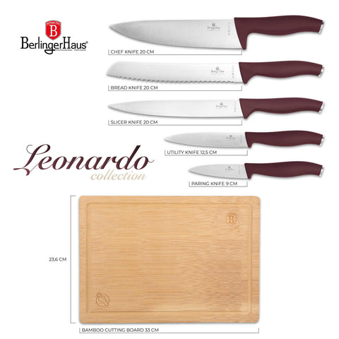 BH/2965, NEW, 6pcs knife set with bamboo cutting board, matt-bordeaux, 6 pcs knife set with bamboo cutting board, knife set, knives, knife, cutting board, bamboo