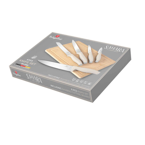 bambú, BH/2966, blockknives, crema mate, cuchillo, cuchillos, juego de 6 cuchillos con tabla de cortar de bambú, juego de cuchillos, kitchenutensil, Knivesset, Sahara Collection, tabla de cortar, Embalaje del producto.