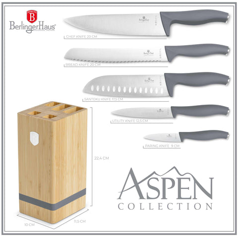  BH/2969, Juego de cuchillos de 6 piezas con soporte de BAMBÚ, Gris mate, Juego de cuchillos de 6 piezas con soporte de bambú a., Juego de cuchillos, Cuchillos, Cuchillo, Tabla de cortar, Bambú, Cuchillos y herramientas de corte