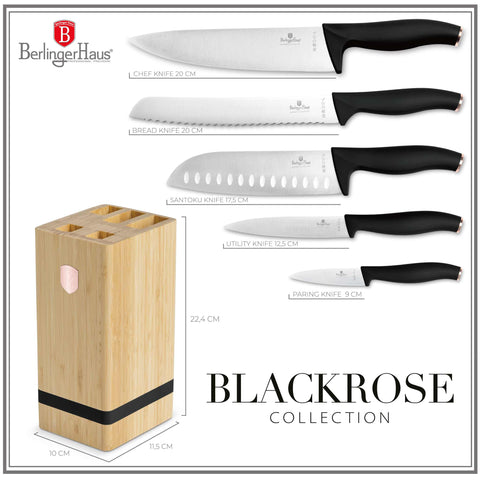 BH/2970, juego de cuchillos de 6 piezas con soporte de bambú, negro, oro rosa, juego de cuchillos de 6 piezas con soporte de bambú a., juego de cuchillos, cuchillos, cuchillo, tabla de cortar, bambú, cuchillos y herramientas de corte