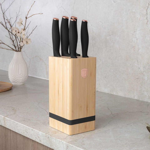 BH/2970, juego de cuchillos de 6 piezas con soporte de bambú, negro, oro rosa, juego de cuchillos de 6 piezas con soporte de bambú a., juego de cuchillos, cuchillos, cuchillo, tabla de cortar, bambú, cuchillos y herramientas de corte