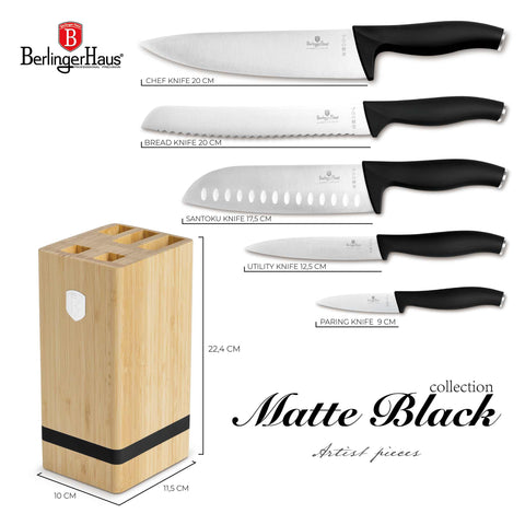  BH/2971, Juego de cuchillos de 6 piezas con soporte de BAMBÚ, Negro, Plata, Juego de cuchillos de 6 piezas con soporte de bambú a., Juego de cuchillos, Cuchillos, Cuchillo, Tabla de cortar, Bambú, Cuchillos y herramientas de corte