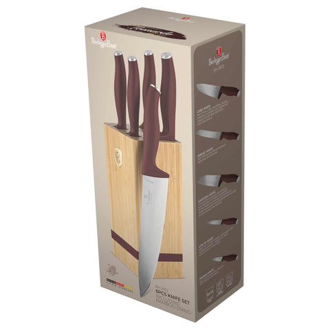  BH/2972, Juego de cuchillos de 6 piezas con soporte de BAMBÚ, Burdeos mate, Juego de cuchillos de 6 piezas con soporte de bambú a., Juego de cuchillos, Cuchillos, Cuchillo, Tabla de cortar, Bambú, Cuchillos y herramientas de corte
