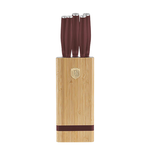 Juego de cuchillos, cuchillos, cuchillo, tabla de cortar, bambú,,Juego de cuchillos de 6 piezas con soporte de bambú a.,burdeos mate,NUEVO,,BH/2972