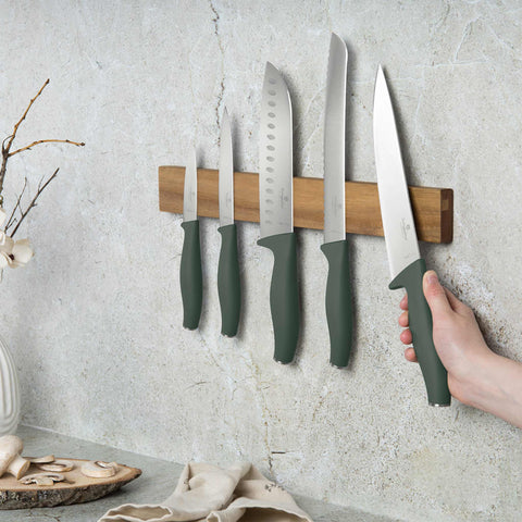  BH/2978, juego de cuchillos de 6 piezas con colgador magnético de madera de acacia, verde mate, juego de cuchillos de 6 piezas con colgador de madera de acacia, juego de cuchillos, cuchillos, cuchillo, colgador de madera de acacia, colgante, cuchillos y herramientas de corte