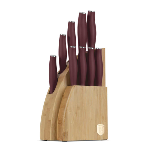 Product image of 10pcs knife set with BAMBOO stand. Part of the Leonardo Collection . Features: • Material: stainless steel • Chef knife 20 cm • Bread knife 20 cm • Santoku knife 17,5 cm • Utility knife 12,5 cm • Paring knife 9 cm • Steak knif.... (Studio view). Official Berlinger Haus product, boosted by Promintra sl.