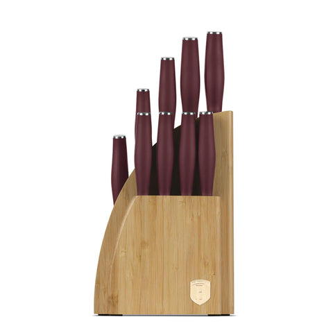 Product image of 10pcs knife set with BAMBOO stand. Part of the Leonardo Collection . Features: • Material: stainless steel • Chef knife 20 cm • Bread knife 20 cm • Santoku knife 17,5 cm • Utility knife 12,5 cm • Paring knife 9 cm • Steak knif.... (Studio view). Official Berlinger Haus product, boosted by Promintra sl.