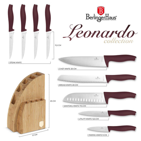 Product image of 10pcs knife set with BAMBOO stand. Part of the Leonardo Collection . Features: • Material: stainless steel • Chef knife 20 cm • Bread knife 20 cm • Santoku knife 17,5 cm • Utility knife 12,5 cm • Paring knife 9 cm • Steak knif.... (Studio view). Official Berlinger Haus product, boosted by Promintra sl.