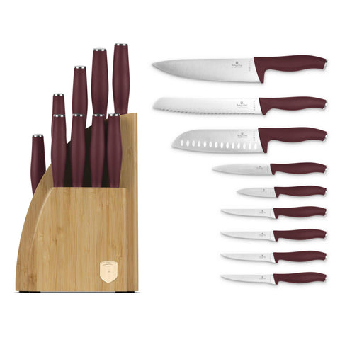Product image of 10pcs knife set with BAMBOO stand. Part of the Leonardo Collection . Features: • Material: stainless steel • Chef knife 20 cm • Bread knife 20 cm • Santoku knife 17,5 cm • Utility knife 12,5 cm • Paring knife 9 cm • Steak knif.... (Studio view). Official Berlinger Haus product, boosted by Promintra sl.