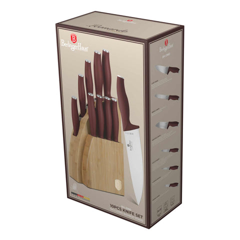 Product image of 10pcs knife set with BAMBOO stand. Part of the Leonardo Collection . Features: • Material: stainless steel • Chef knife 20 cm • Bread knife 20 cm • Santoku knife 17,5 cm • Utility knife 12,5 cm • Paring knife 9 cm • Steak knif.... (Studio view). Official Berlinger Haus product, boosted by Promintra sl.