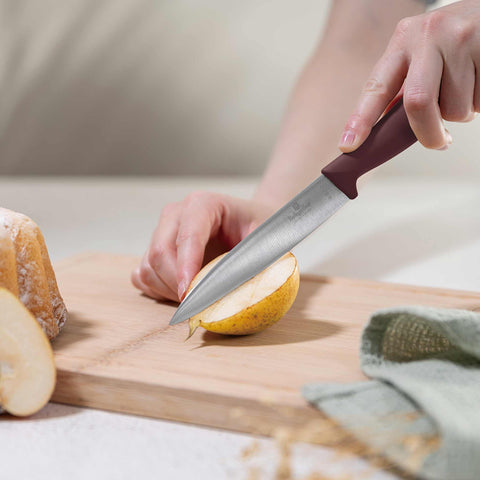 Product image of 10pcs knife set with BAMBOO stand. Part of the Leonardo Collection . Features: • Material: stainless steel • Chef knife 20 cm • Bread knife 20 cm • Santoku knife 17,5 cm • Utility knife 12,5 cm • Paring knife 9 cm • Steak knif.... (Studio view). Official Berlinger Haus product, boosted by Promintra sl.