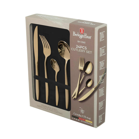  BH/3061, juego de cubiertos de 24 piezas con recubrimiento PVD dorado pulido espejo, champán, juego de cubiertos de 24 piezas, juego de cubiertos, cubiertos, espejo, vajilla