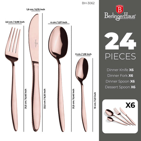  BH/3062, juego de cubiertos de 24 piezas con recubrimiento PVD de oro rosa pulido espejo, oro rosa, juego de cubiertos de 24 piezas, juego de cubiertos, cubiertos, espejo, vajilla