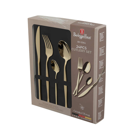  BH/3064, juego de cubiertos de 24 piezas con recubrimiento PVD dorado pulido espejo, champán, juego de cubiertos de 24 piezas, juego de cubiertos, cubiertos, espejo, vajilla