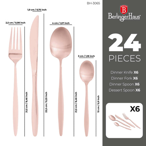  BH/3065, juego de cubiertos de 24 piezas con recubrimiento PVD de oro rosa pulido espejo, oro rosa, juego de cubiertos de 24 piezas, juego de cubiertos, cubiertos, espejo, vajilla