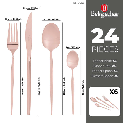  BH/3068, juego de cubiertos de 24 piezas con recubrimiento PVD de oro rosa pulido espejo, oro rosa, juego de cubiertos de 24 piezas, juego de cubiertos, cubiertos, espejo, vajilla