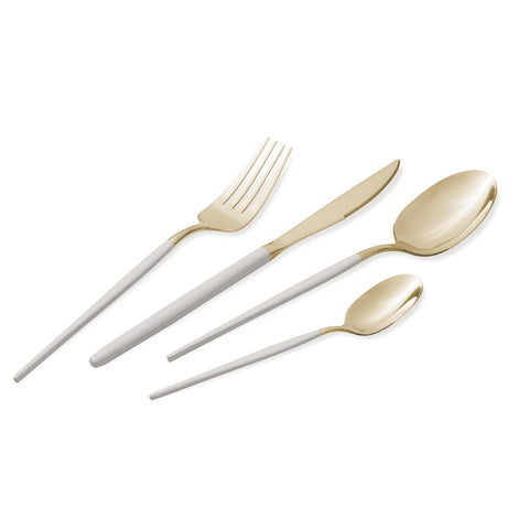 Product image of 24pcs cutlery set with GOLD PVD COATING mirror POLISH. Part of the Cutlery sets . Features: • Material: stainless steel with champagne PVD coating, matt handle • Include: • Table knife 6 pcs 7,0 mm • Table fork 6 pcs 4,0 mm • Table spoon 6.... (Studio view). Official Berlinger Haus product, boosted by Promintra sl.