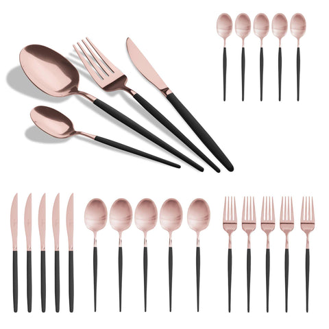  BH/3073, juego de cubiertos de 24 piezas con recubrimiento PVD de oro rosa pulido espejo, negro, oro rosa, juego de cubiertos de 24 piezas, juego de cubiertos, cubiertos, espejo, vajilla