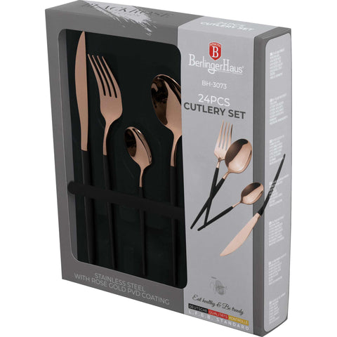  BH/3073, juego de cubiertos de 24 piezas con recubrimiento PVD de oro rosa pulido espejo, negro, oro rosa, juego de cubiertos de 24 piezas, juego de cubiertos, cubiertos, espejo, vajilla