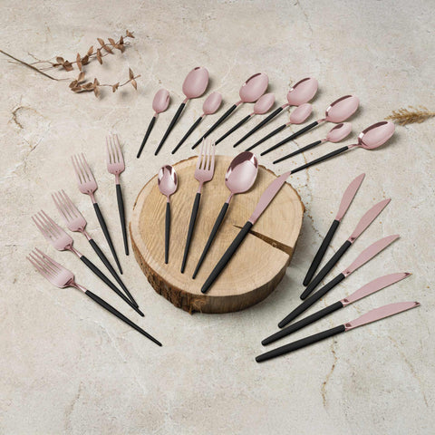  BH/3073, juego de cubiertos de 24 piezas con recubrimiento PVD de oro rosa pulido espejo, negro, oro rosa, juego de cubiertos de 24 piezas, juego de cubiertos, cubiertos, espejo, vajilla