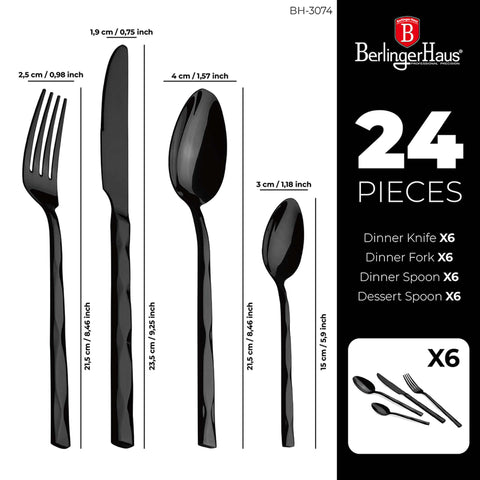  BH/3074, juego de cubiertos de 24 piezas con revestimiento PVD NEGRO PULIDO espejo, Negro, juego de cubiertos de 24 piezas, juego de cubiertos, cubiertos, espejo, Vajilla