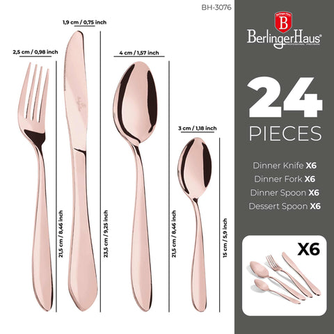  BH/3076, juego de cubiertos de 24 piezas con recubrimiento PVD de oro rosa pulido satinado, oro rosa, juego de cubiertos de 24 piezas, juego de cubiertos, cubiertos, satinado, vajilla
