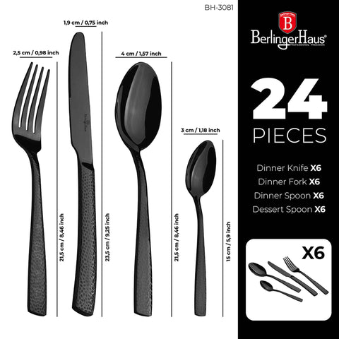  BH/3081, juego de cubiertos de 24 piezas con revestimiento PVD NEGRO PULIDO espejo, Negro, juego de cubiertos de 24 piezas, juego de cubiertos, cubiertos, espejo, vajilla