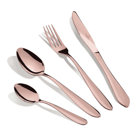  BH/3083, juego de cubiertos de 4 piezas con espejo y bolsa de viaje de lona, oro rosa, juego de cubiertos de 4 piezas, juego de cubiertos, cubiertos, espejo, bolsa de viaje, portátil, vajilla