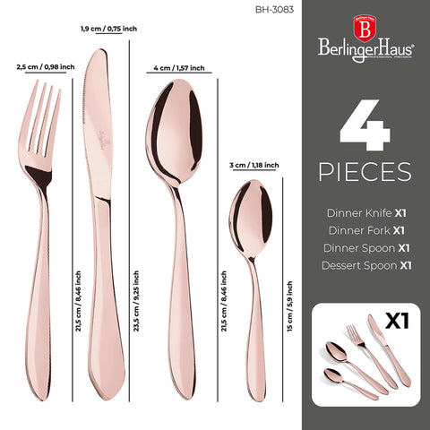  BH/3083, juego de cubiertos de 4 piezas con espejo y bolsa de viaje de lona, oro rosa, juego de cubiertos de 4 piezas, juego de cubiertos, cubiertos, espejo, bolsa de viaje, portátil, vajilla