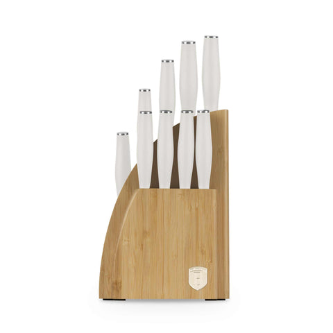Product image of 10pcs knife set with BAMBOO stand. Part of the Sahara Collection . Features: • Material: stainless steel • Chef knife 20 cm • Bread knife 20 cm • Santoku knife 17,5 cm • Utility knife 12,5 cm • Paring knife 9 cm • Steak knif.... (Studio view). Official Berlinger Haus product, boosted by Promintra sl.