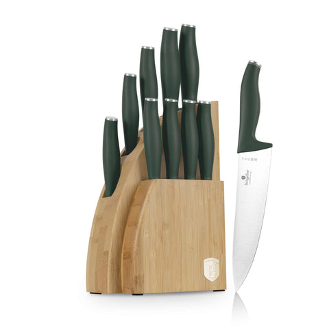 Juego de cuchillos, cuchillos, cuchillo, tabla de cortar, bambú,,Juego de cuchillos de 10 piezas con soporte de bambú,verde mate,NUEVO,,BH/3123