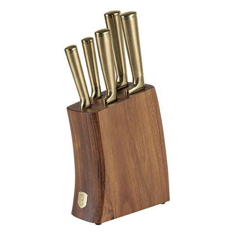 BH/3125, NUEVO, juego de cuchillos de 6 piezas con soporte de madera de acacia, dorado, juego de cuchillos de 6 piezas con soporte de madera de acacia, juego de cuchillos, cuchillos, cuchillo, soporte de acero inoxidable, soporte de madera de acacia