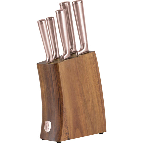 Juego de cuchillos, cuchillos, cuchillo, soporte de acero inoxidable, soporte de madera de acacia, juego de cuchillos de 6 piezas con soporte de madera de acacia, oro rosa, NUEVO, BH/3126